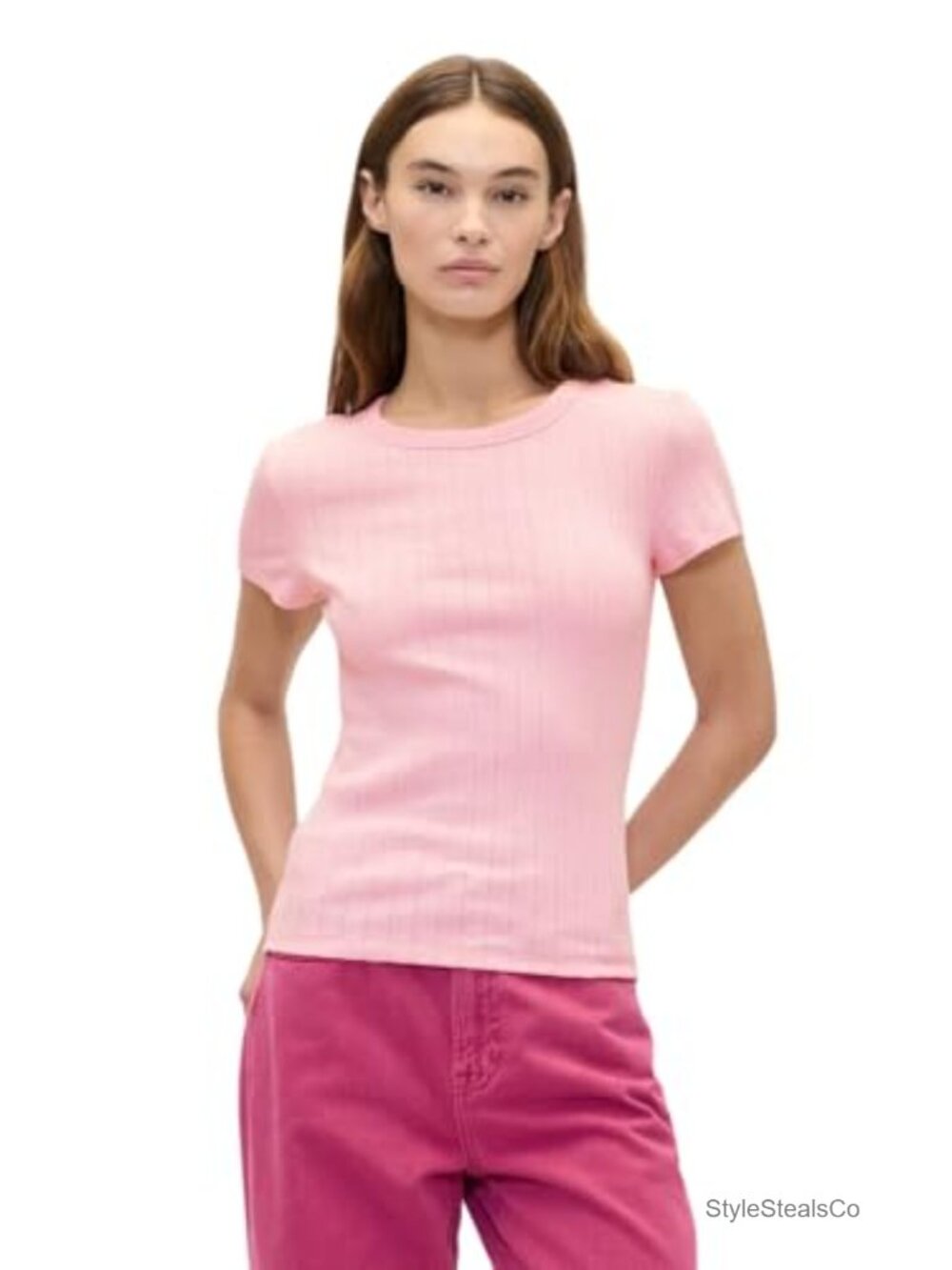 Women's Short Sleeve Pointelle Ribbed Knit Top Crew Neck Pullover